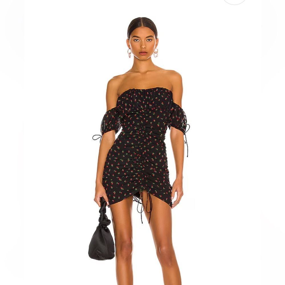 More To Come Revolve Emily Dress off shoulder black rose print mini XS